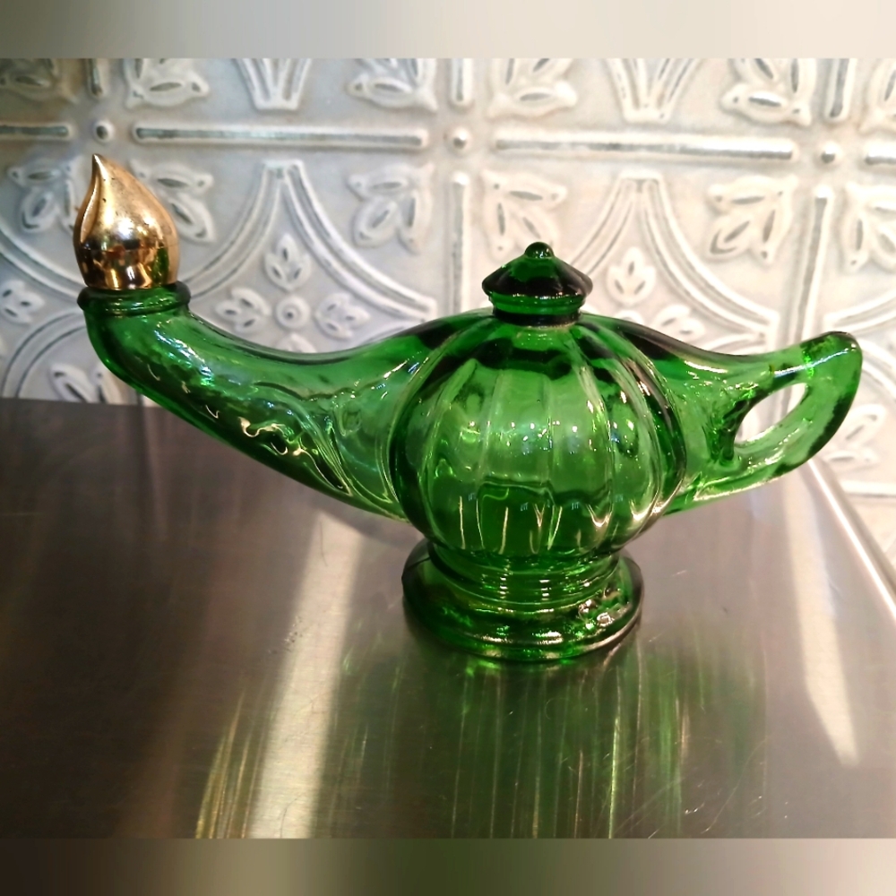 1970s Aladdin's Lamp Green Avon Bath Oil Bottle